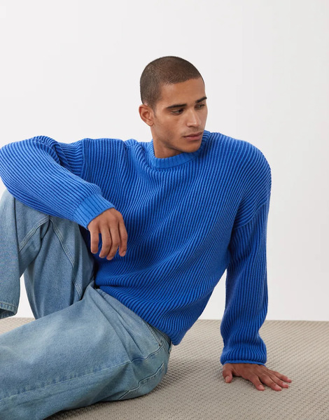  Asos Design Oversized Knitted Ribbed Jumper In Blue 