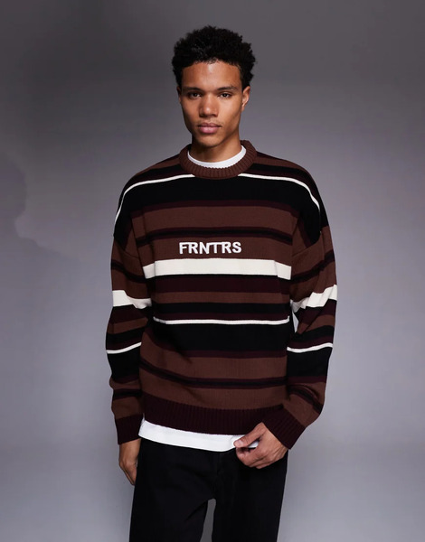  Asos Design Oversized Knitted Stripe Jumper With Chest Graphic In Multicolour 