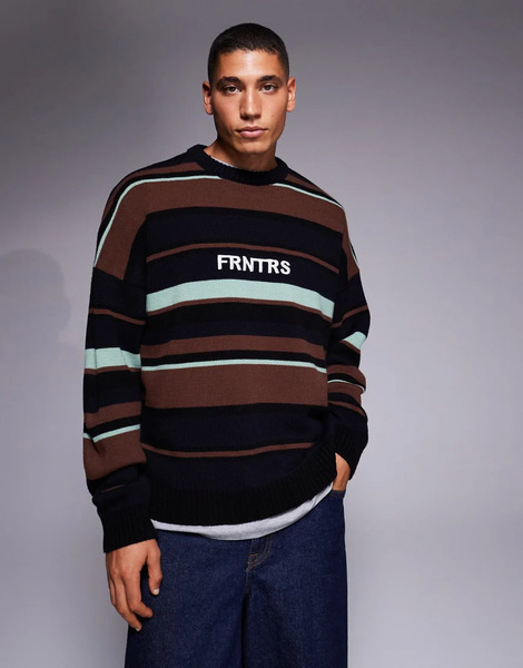  Asos Design Oversized Knitted Stripe Jumper With Chest Graphic In Multicolour 