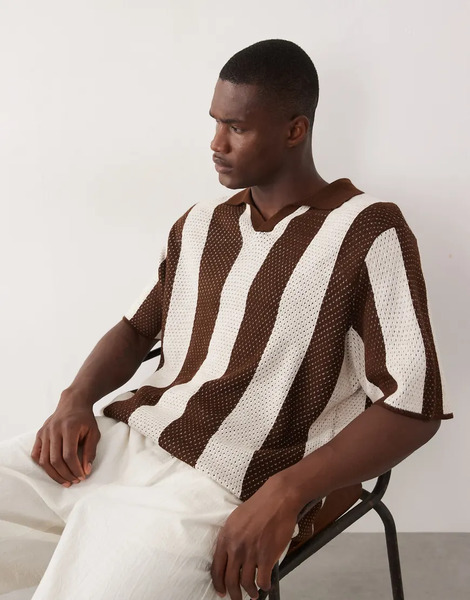  Asos Design Oversized Knitted Stripe Notch In Brown And Ecru 