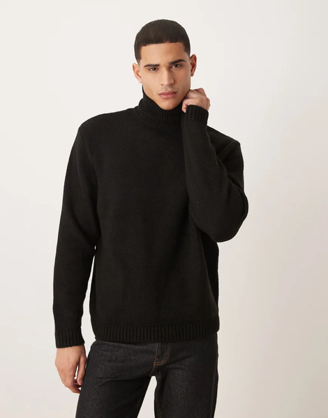  Asos Design Oversized Knitted Textured Roll Neck Jumper In Black 
