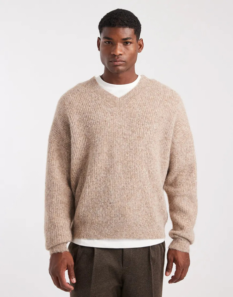  Asos Design Oversized Knitted V Neck Wool Blend Jumper In Beige Neutral 