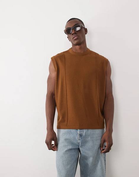  Asos Design Oversized Knitted Vest With Piping Detail In Brown 