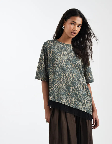  Asos Design Oversized Leopard Print With Lace Hem Multi 