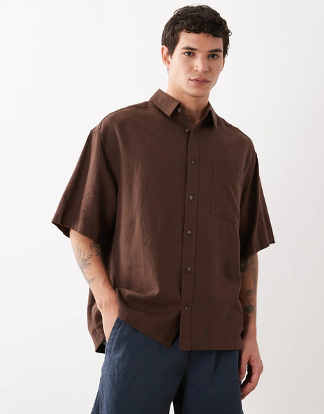  Asos Design Oversized Linen Blend Shirt In Brown 