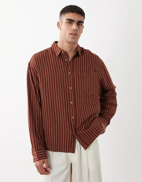  Asos Design Oversized Linen Blend Stripe Shirt In Brown 