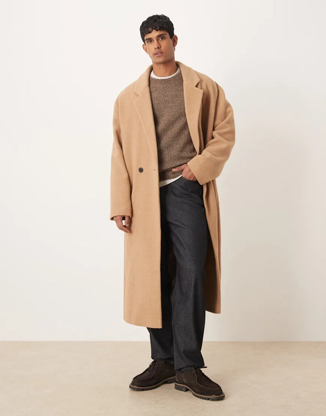  Asos Design Oversized Longline Overcoat In Wool Blend In Beige Neutral 