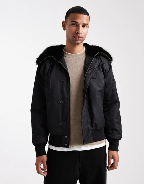  Asos Design Oversized Ma1 Bomber Jacket With Faux Fur Hood In Black 