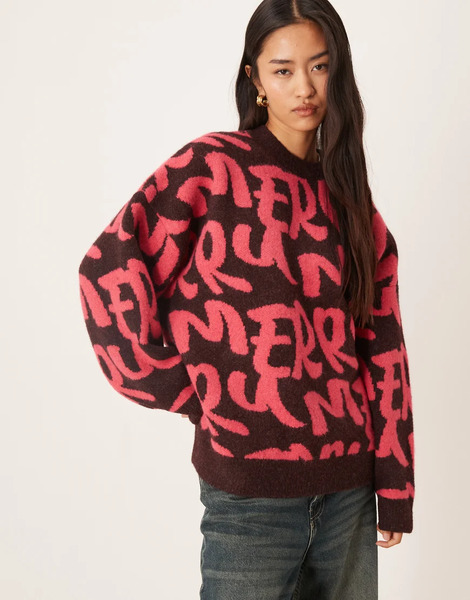  Asos Design Oversized Merry Graphic Jumper In Dark Brown 
