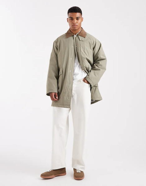  Asos Design Oversized Mid Length Barn Jacket In Light Khaki Green 