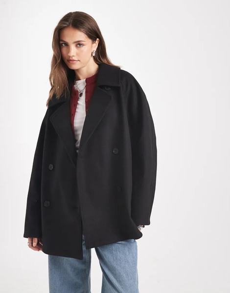  Asos Design Oversized Mid Length Pea Coat In Black 