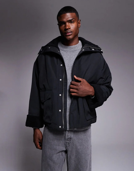  Asos Design Oversized Padded Jacket With Borg Lining In Black 