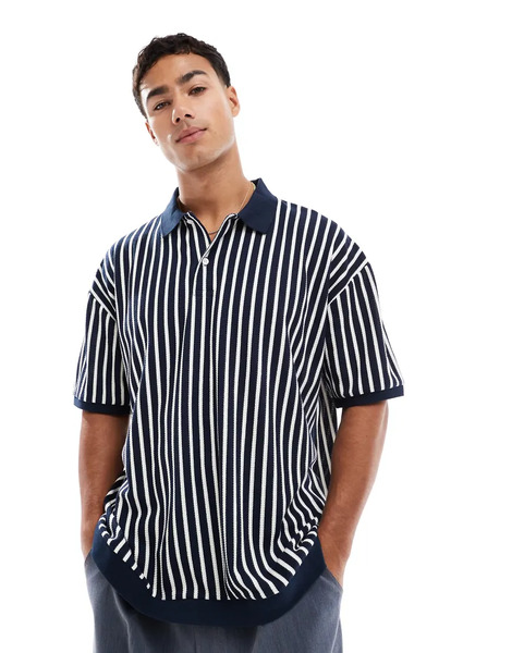  Asos Design Oversized Polo In Black And White Stripe Multi 