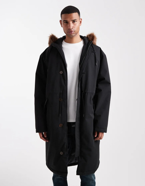  Asos Design Oversized Puffer Jacket With Faux Fur Hood In Black 
