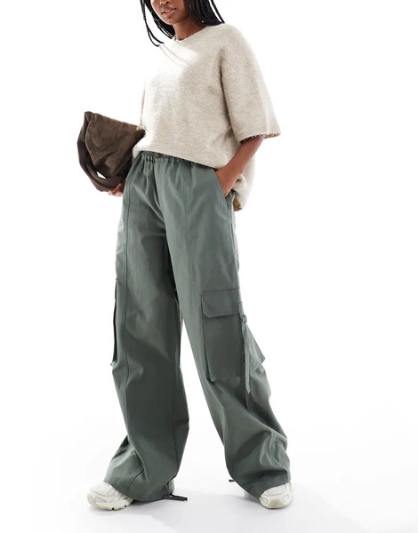  Asos Design Oversized Pull On Utility Trousers With Tab Detail In Khaki Neutral 