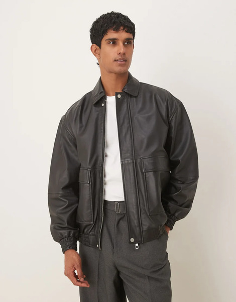  Asos Design Oversized Real Leather Bomber Jacket In Black 
