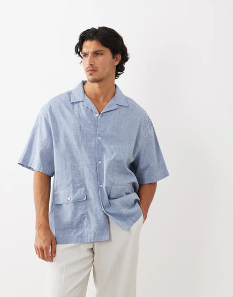  Asos Design Oversized Revere Stripe Shirt In Blue 