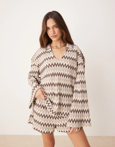  Asos Design Oversized Rugby Collar Top Co Ord In Brown Chevron Stripe Multi 