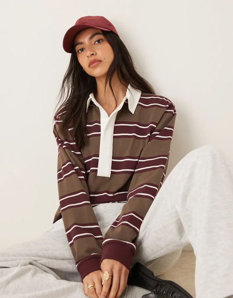  Asos Design Oversized Rugby Shirt In Khaki Stripe Multi 