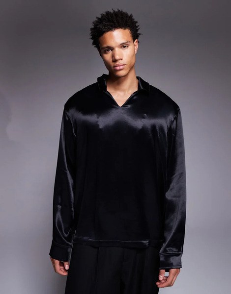  Asos Design Oversized Satin Overhead Shirt In Black 
