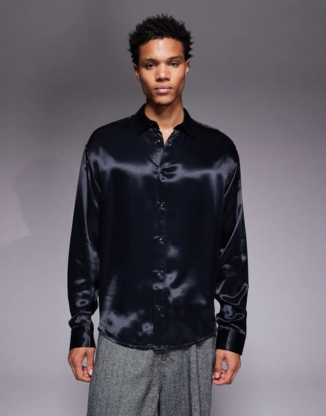  Asos Design Oversized Satin Shirt In Black 