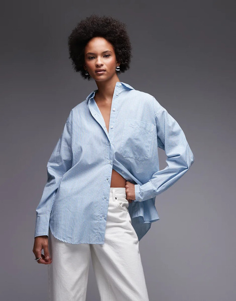  Asos Design Oversized Shirt In Blue And White Stripe Multi 