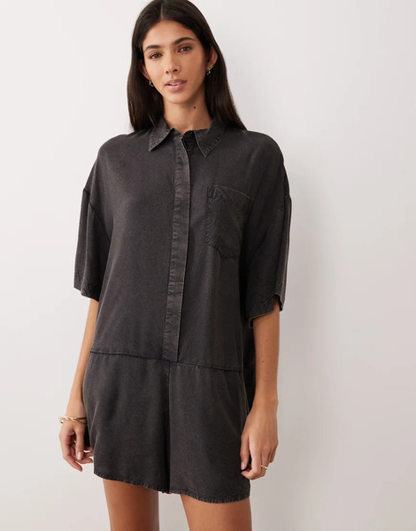  Asos Design Oversized Shirt Playsuit In Washed Black 