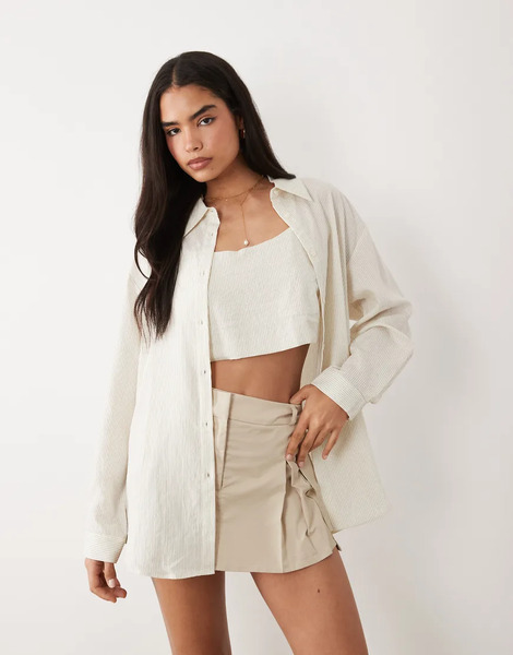  Asos Design Oversized Shirt With Bralette In Stone Pinstripe Multi 