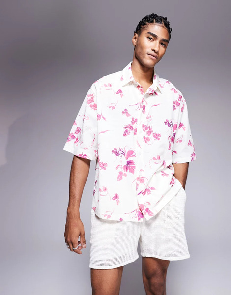  Asos Design Oversized Shirt With Floral Print In White Red 