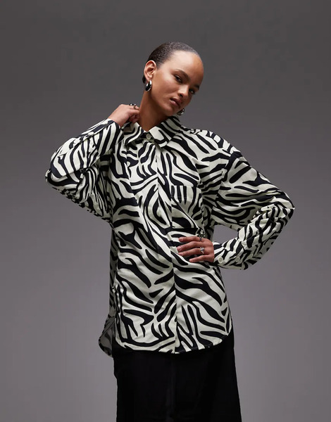  Asos Design Oversized Shirt With Open Back Detail In Zebra Print Multi 