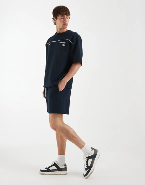  Asos Design Oversized Smart Textured Jersey Short In Navy Blue 