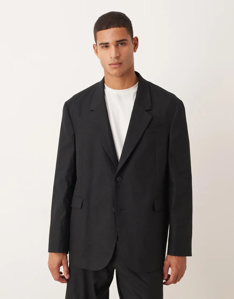  Asos Design Oversized Suit Jacket In Black Linen Blend 