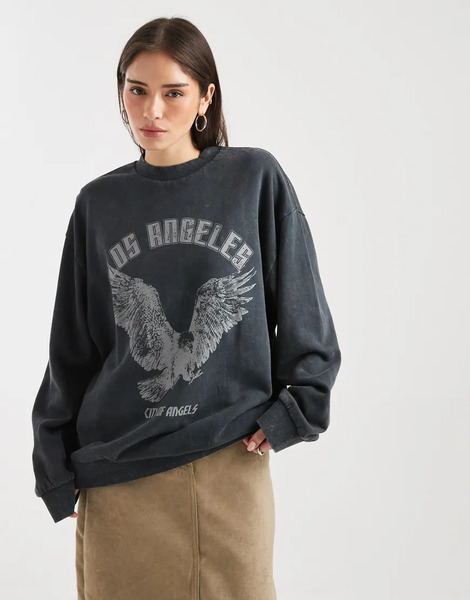  Asos Design Oversized Sweatshirt With Eagle Graphic In Charcoal Grey 