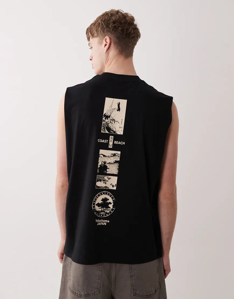  Asos Design Oversized Tank With Beach Back Print In Black 