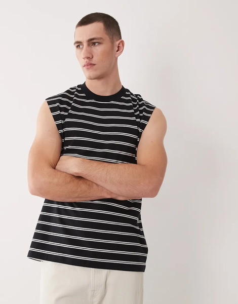  Asos Design Oversized Tank With Dropped Arm Hole In Black Stripe Multi 