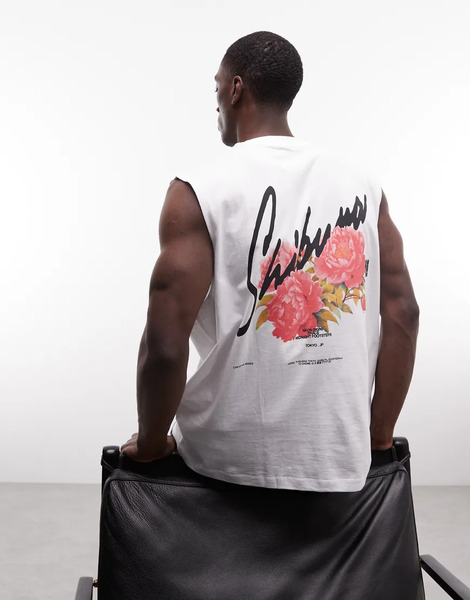  Asos Design Oversized Tank With Floral Back Print In White 