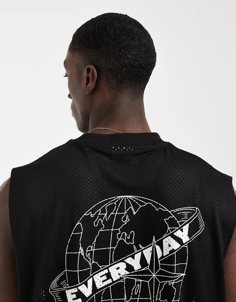  Asos Design Oversized Tank With Globe Graphic In Black Airtex Fabric 