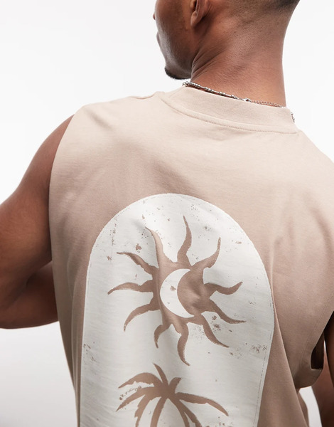  Asos Design Oversized Tank With Palm Puff Print In Mocha Neutral 