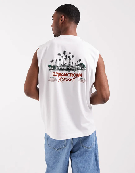  Asos Design Oversized Tank With Resort Graphic In White 