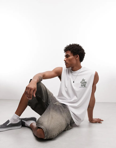  Asos Design Oversized Tank With Text Graphic In White 