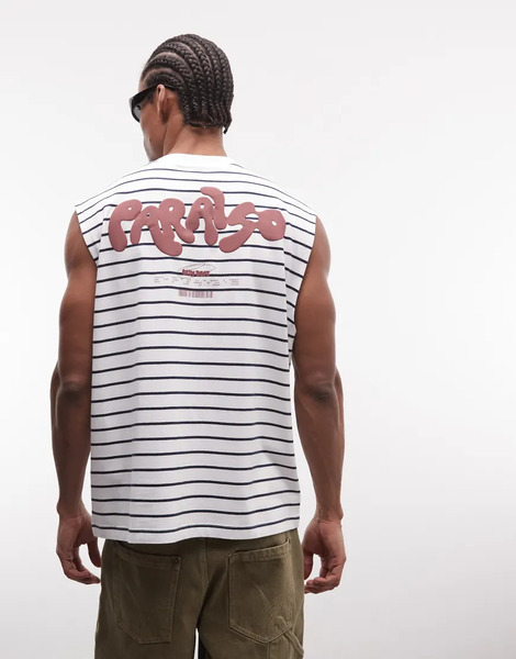  Asos Design Oversized Tank With Text Puff Print In White Stripe Multi 