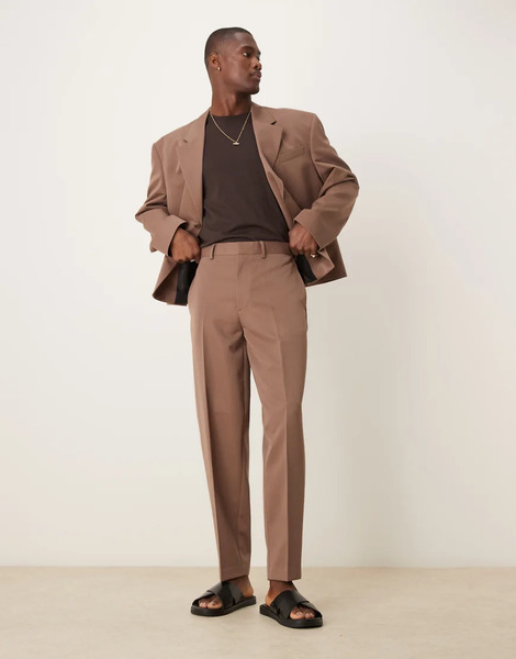  Asos Design Oversized Tapered Suit Trousers In Brown 