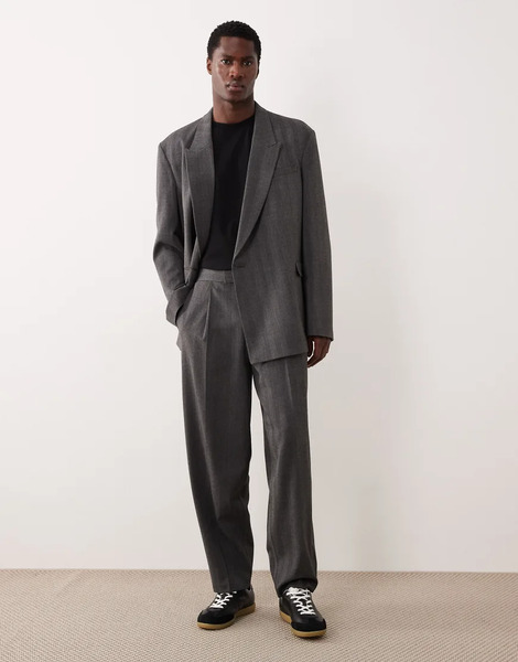  Asos Design Oversized Tapered Suit Trousers In Grey Herringbone 