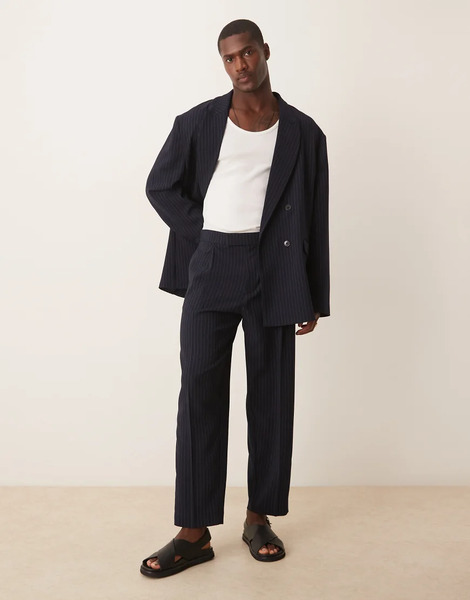  Asos Design Oversized Tapered Suit Trousers In Navy Pinstripe 