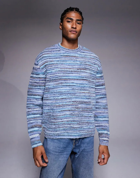  Asos Design Oversized Textured Knitted Jumper In Blue Stripe Multi 