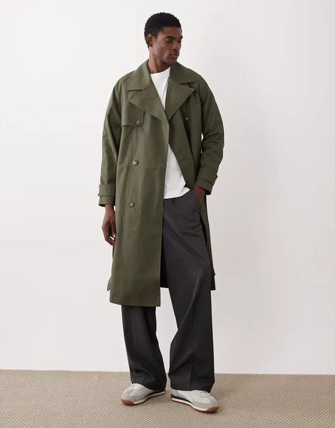  Asos Design Oversized Trench Coat In Khaki Green 