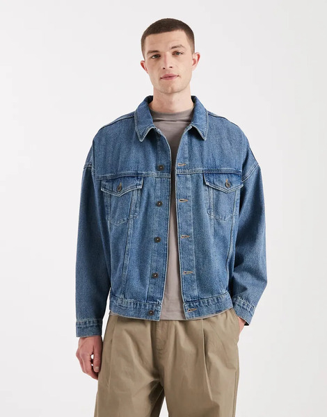  Asos Design Oversized Trucker Denim Jacket In Mid Washed Blue 