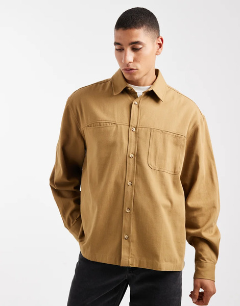  Asos Design Oversized Twill Shirt With Pockets In Tan Brown 