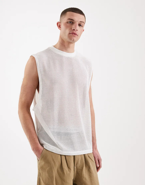  Asos Design Oversized Vest In Off White Open Mesh Fabric 