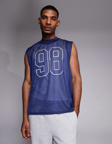  Asos Design Oversized Vest With Sports Graphic In Navy Airtex 